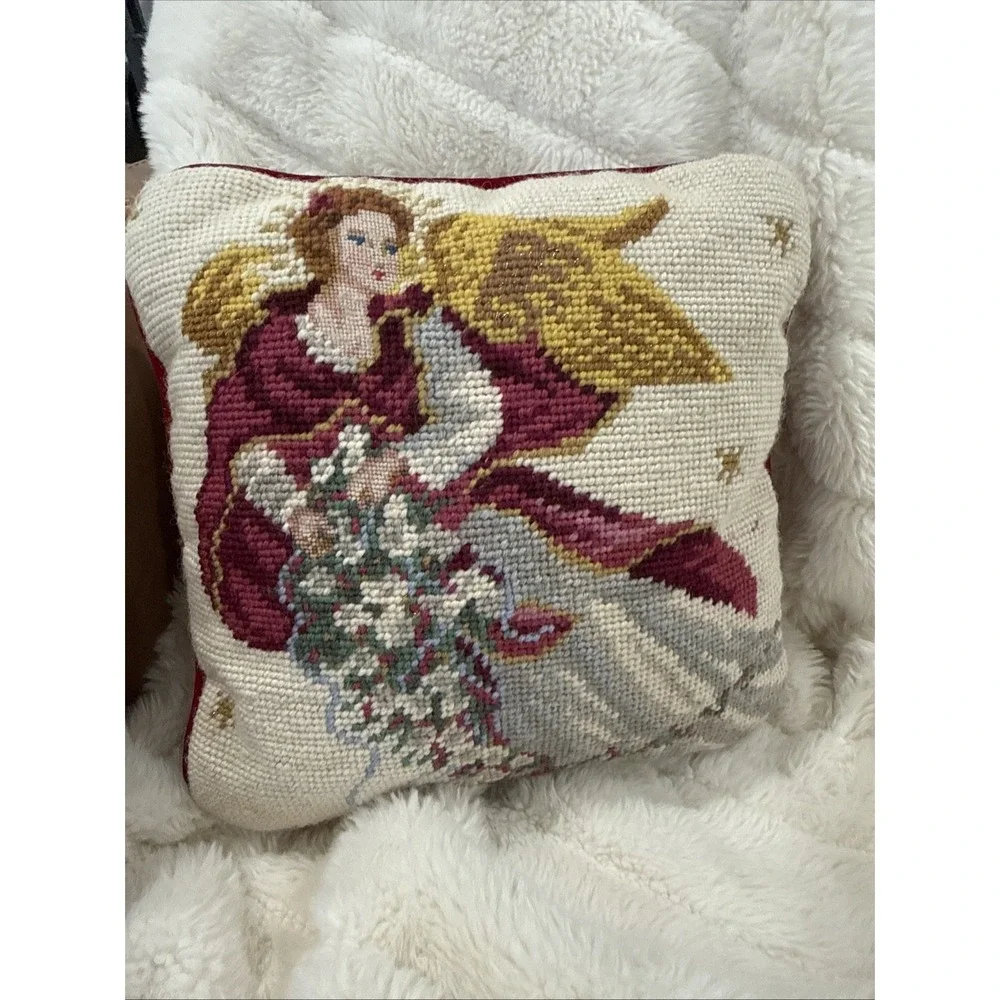 Vtg 90s Christmas Angel Needlepoint Pillow Red Velvet 9